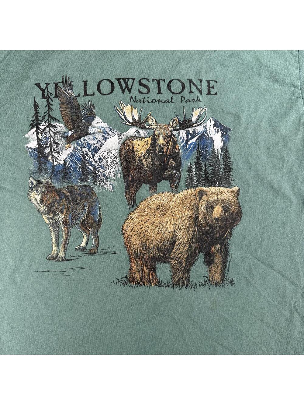 Vintage 90s Yellowstone National Park Wildlife Tee, Large Green Prairie Mountain - Picture 2 of 6
